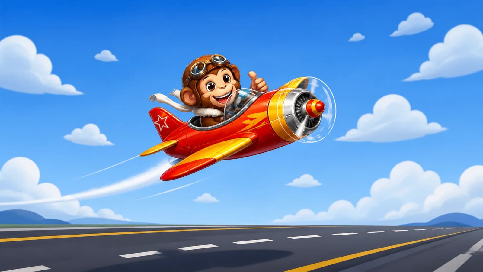 A monkey pilot taking off in a red propeller plane