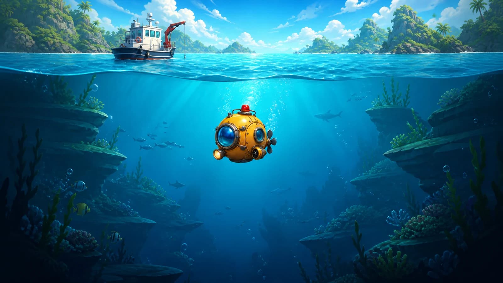 A yellow bathyscaphe descending into a tropical ocean