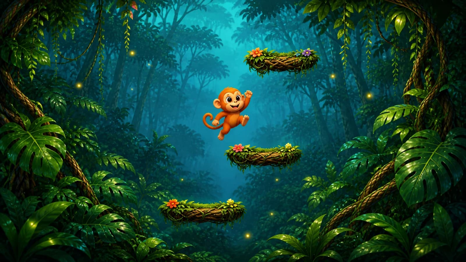 A young monkey jumping between mossy platforms in a rainforest