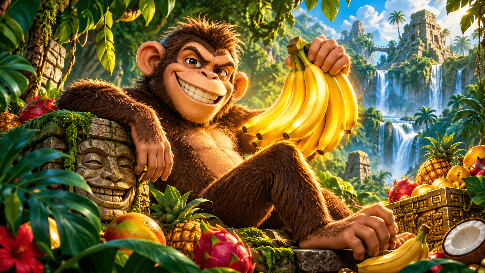 A monkey surrounded by golden bananas and lush tropical foliage