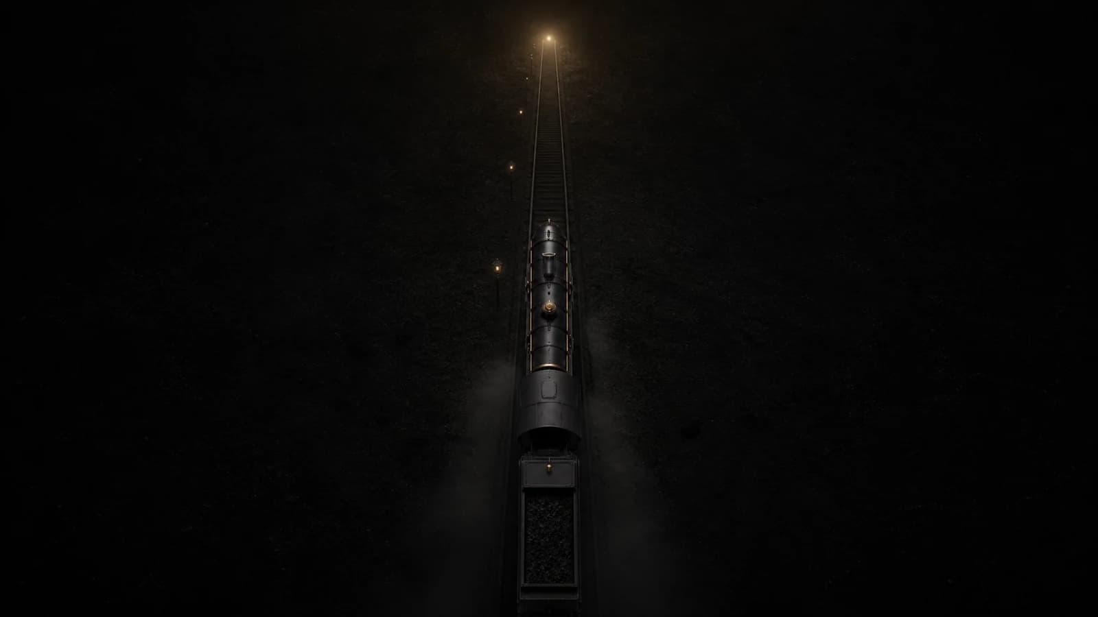 A dark steam locomotive travelling along a noir railway at night