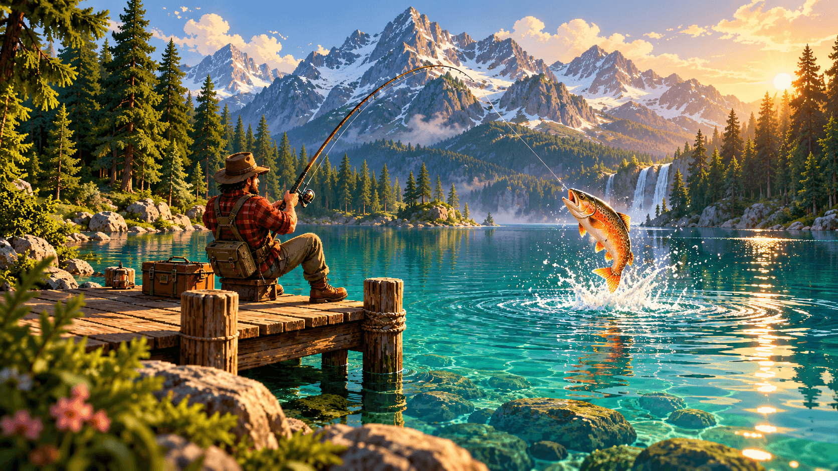 A fish leaping from a mountain lake beside a wooden dock