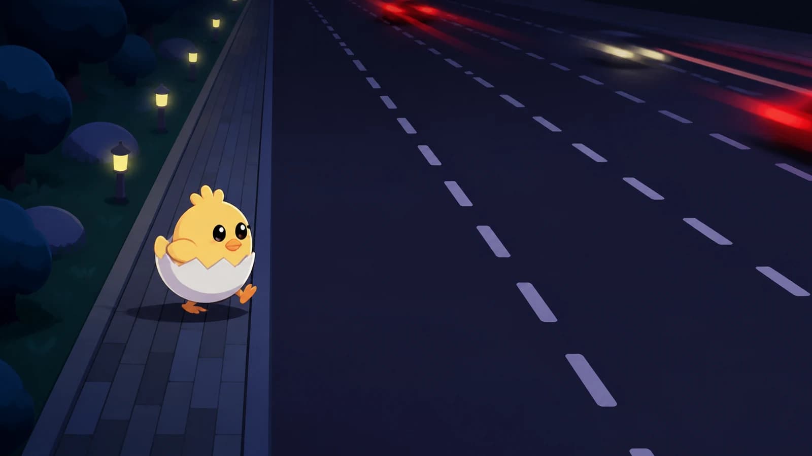 Lucky Chicken crossing a multi-lane road at night