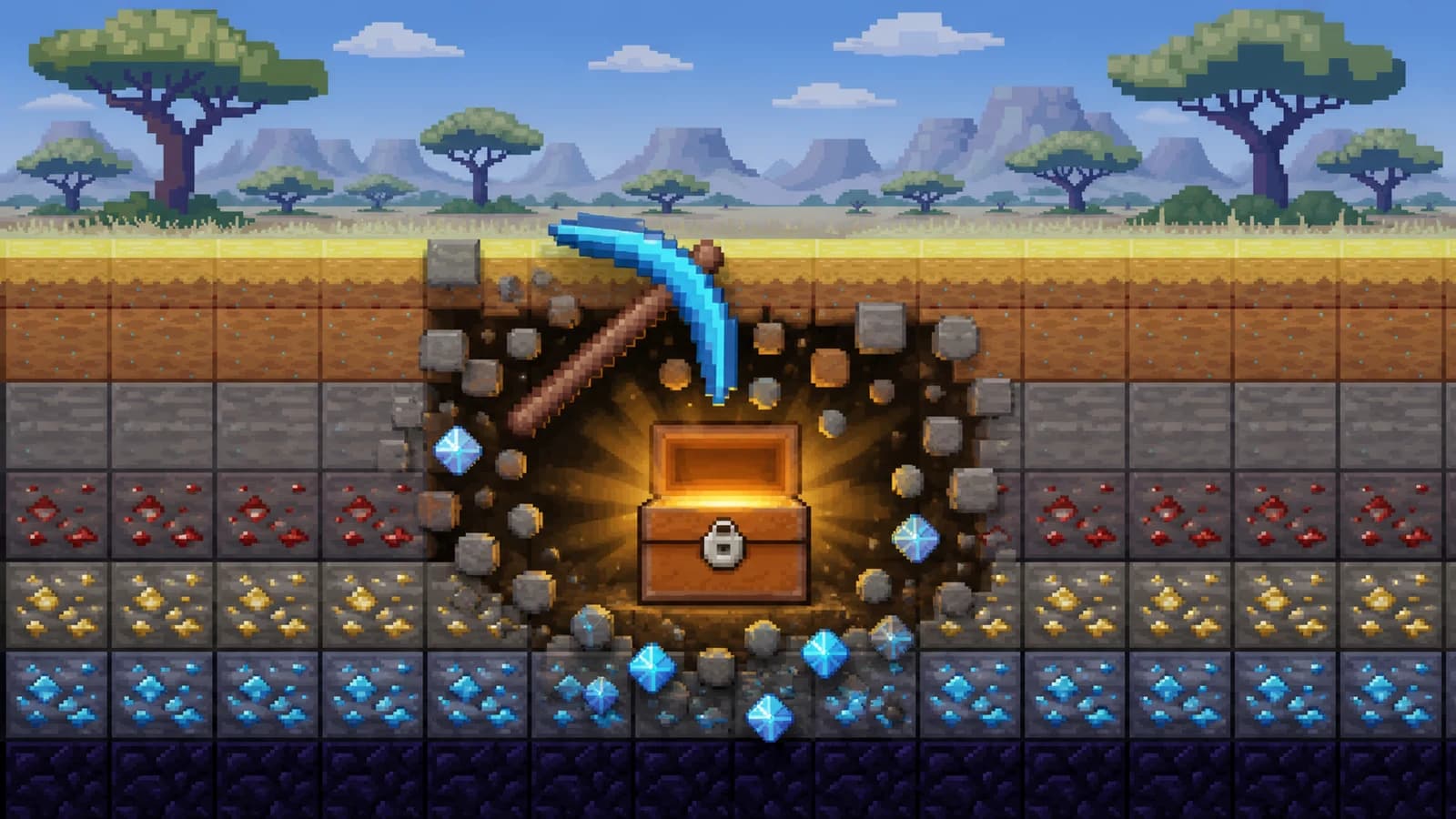A diamond pickaxe breaking mine blocks above a glowing treasure chest