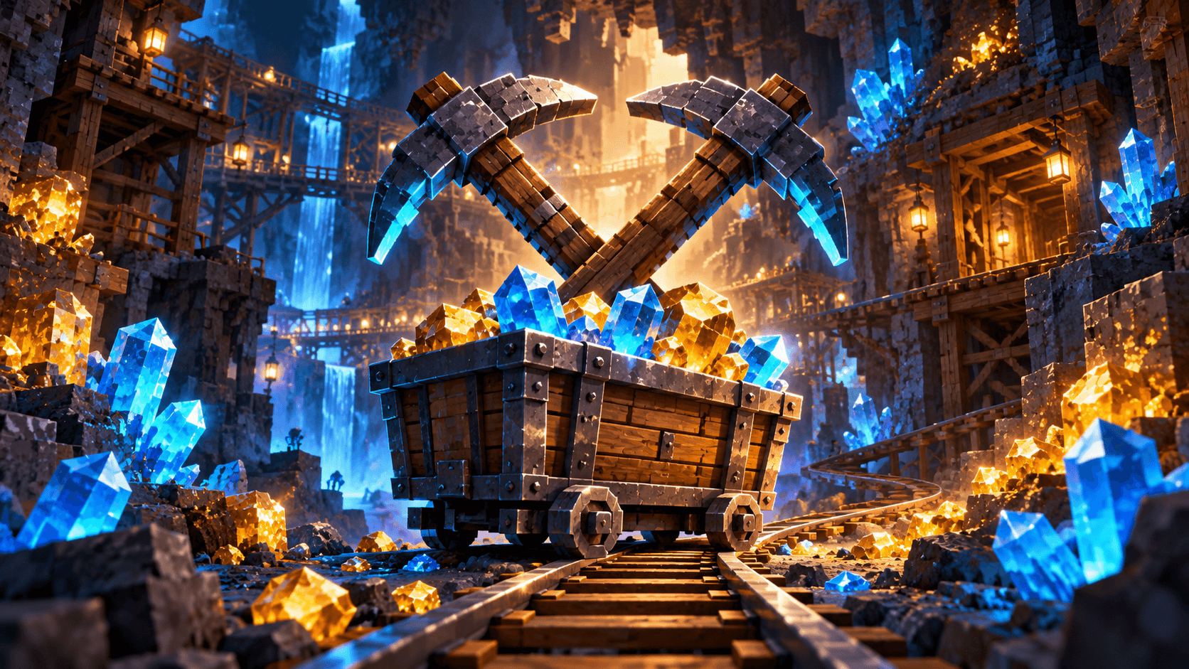 A gem-filled mine cart and pickaxes in a glowing underground mine