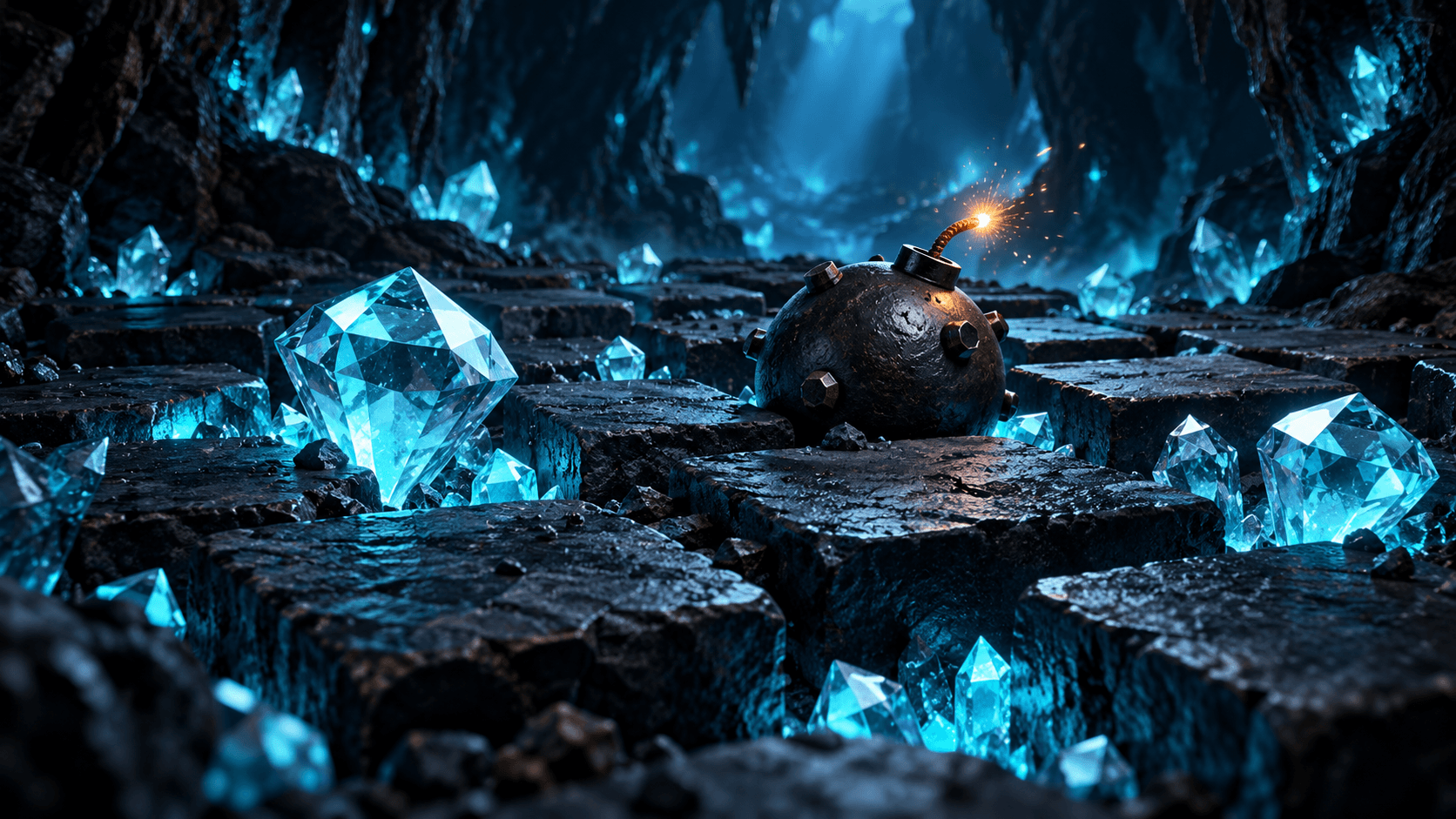 Bright cyan gems emerging from dark stone tiles