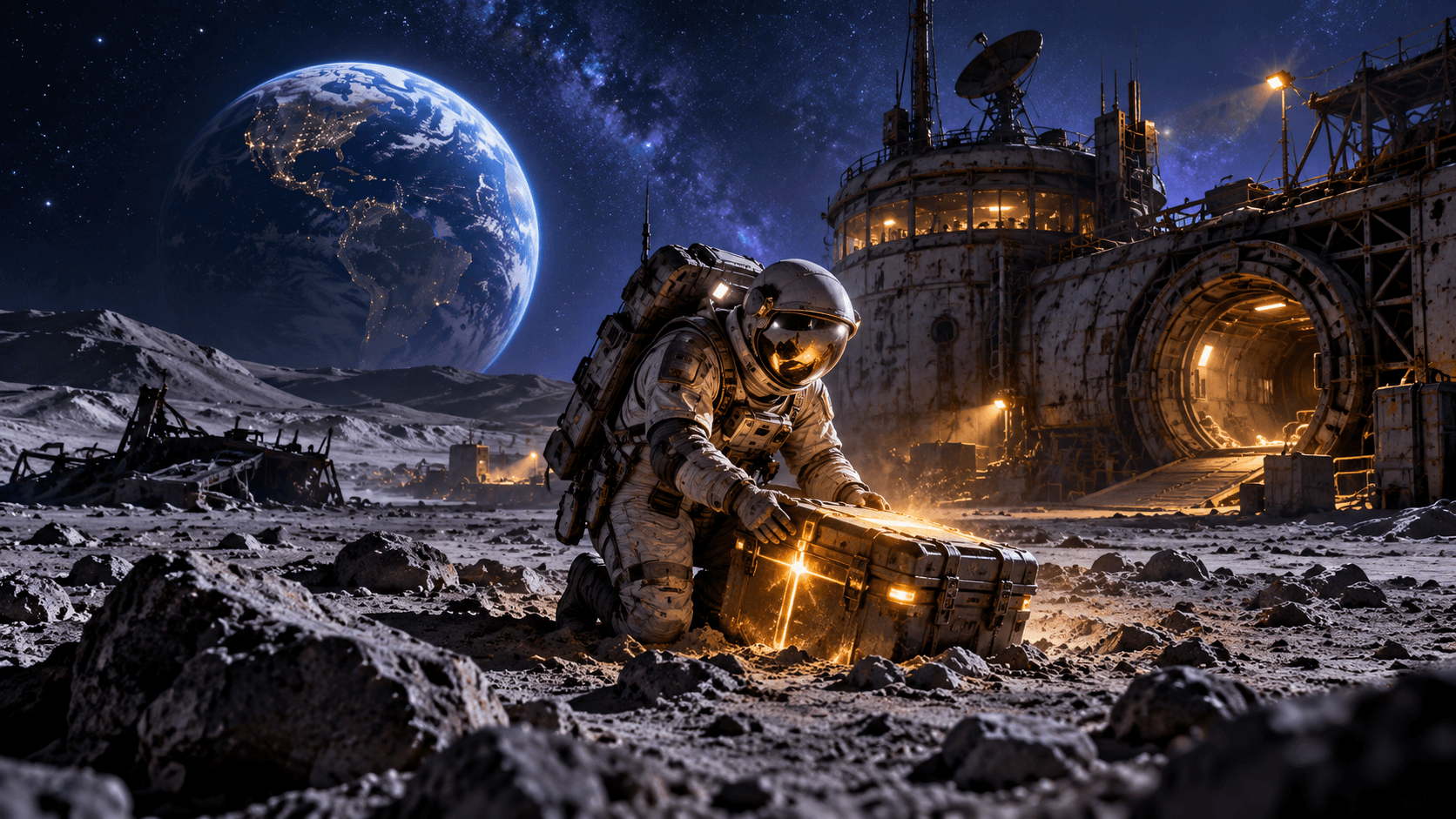 An astronaut recovering cargo beside an abandoned lunar base