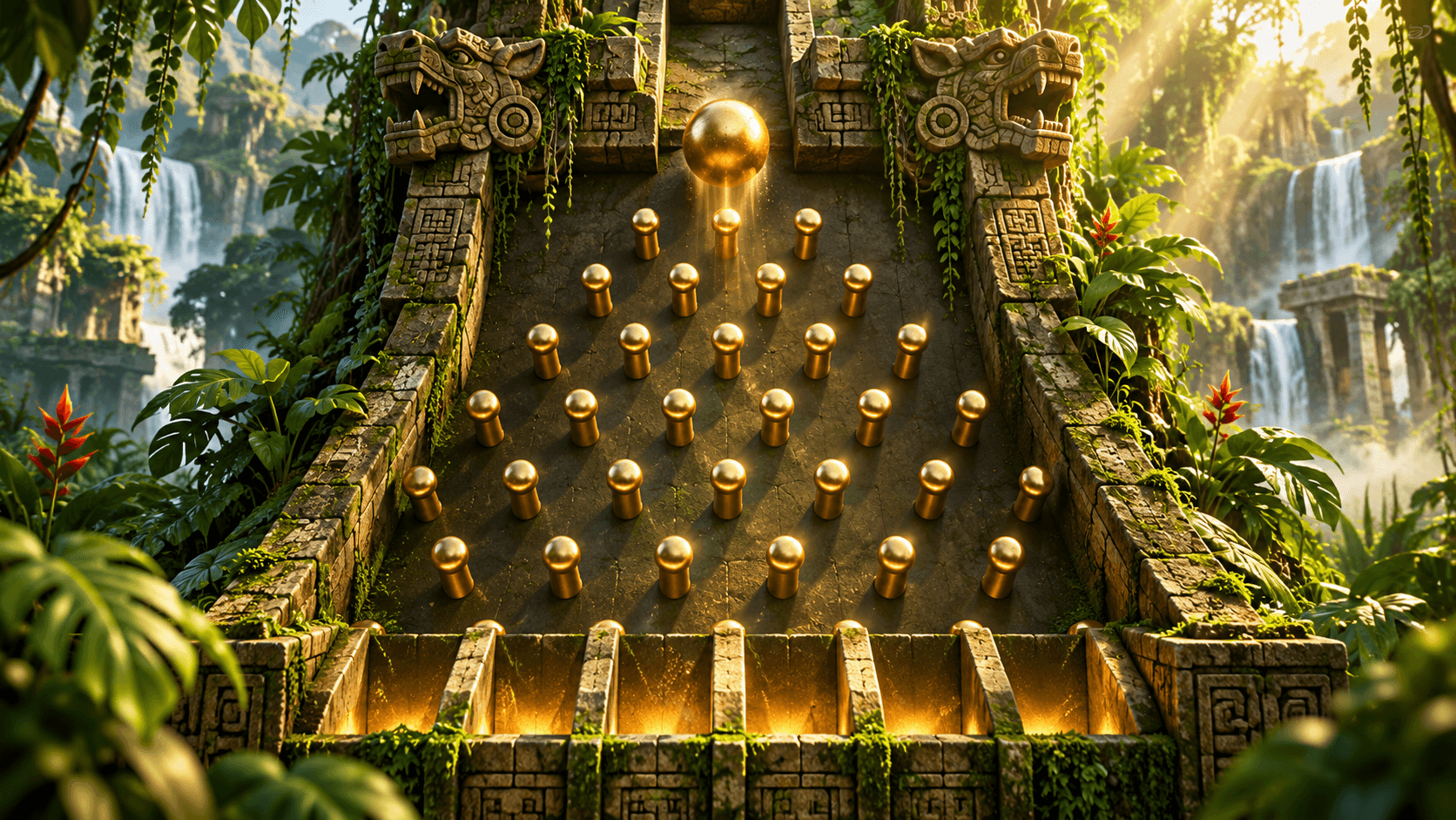 A golden ball falling through pegs in an overgrown jungle temple