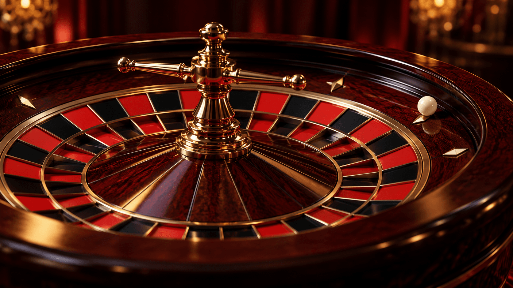A polished roulette wheel with an ivory ball at its rim