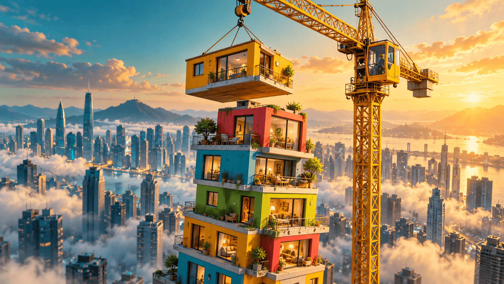 A construction crane lowering a block onto a colorful city tower