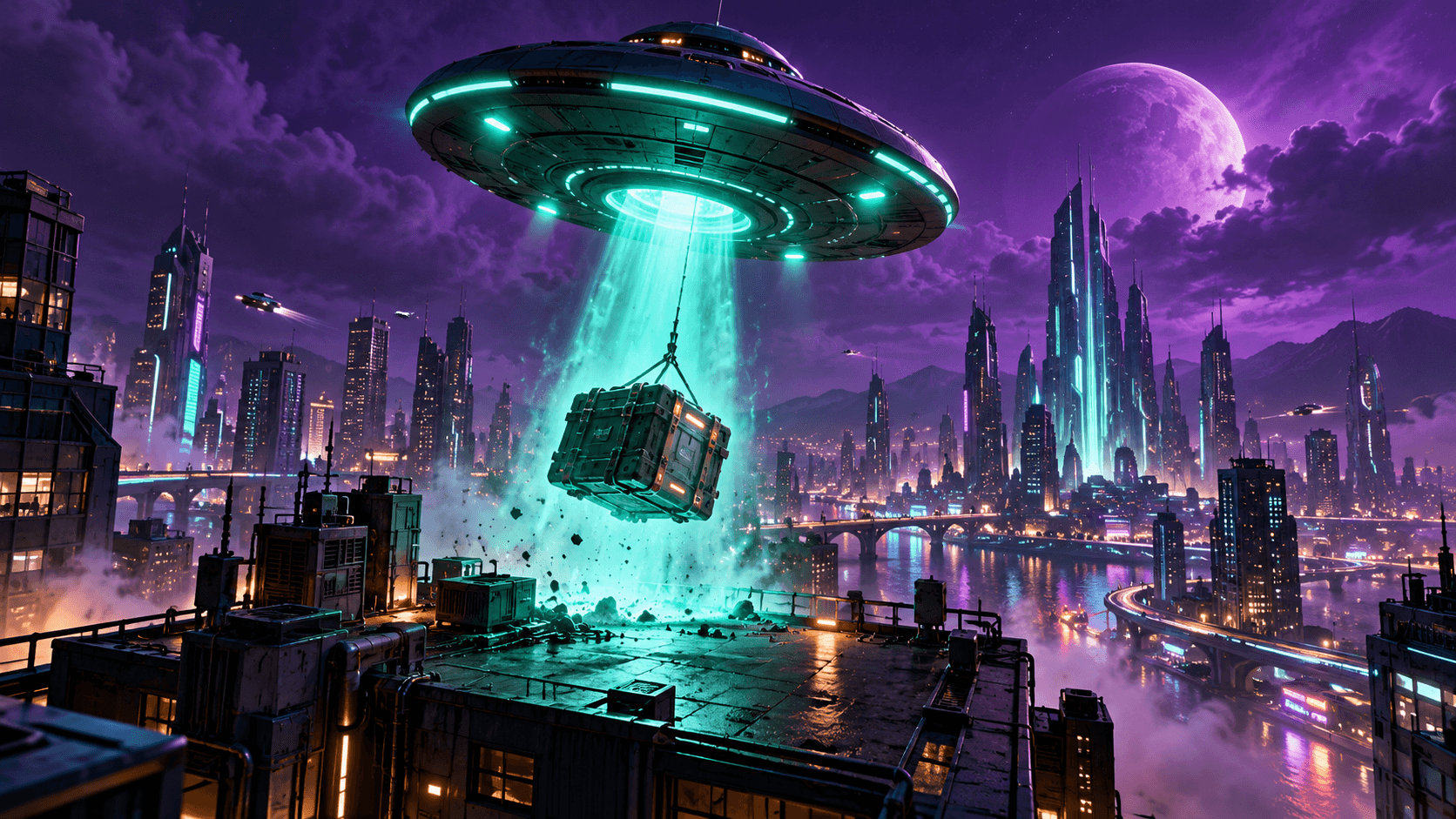 A flying saucer lifting cargo from a city rooftop